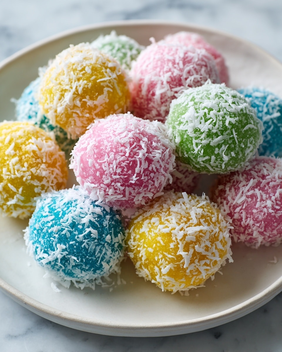 The image shows several round dessert balls covered evenly with white shredded coconut flakes. Each ball is brightly colored in pastel shades of pink, yellow, green, and blue, with the shredded coconut adding a rough texture on the surface. The balls are arranged closely together on a white plate with slightly raised edges, placed on a white marbled surface. The overall look is colorful and textured, with the contrast of the smooth ball underneath and the rough coconut flakes on top clearly visible. Photo taken with an iphone --ar 4:5 --v 7