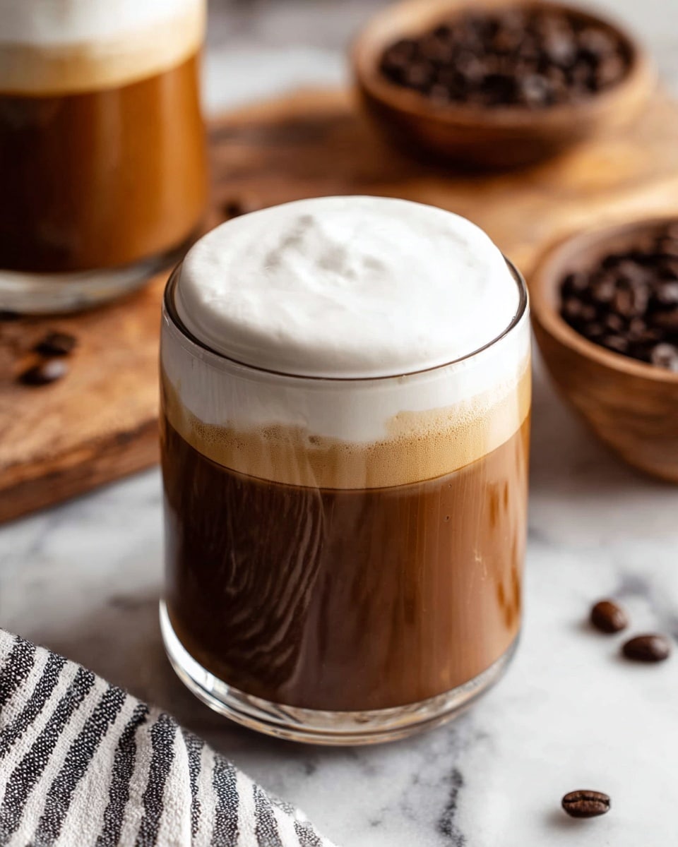 The image shows a clear glass filled with three visible layers: a dark brown bottom layer, a medium brown middle layer, and a thick, white foamy layer on top. The glass rests on a white marbled surface with a striped cloth partially visible at the bottom left. In the background, there is another glass with similar contents and a small wooden bowl filled with dark coffee beans scattered around. The foamy top has a smooth, soft texture with gentle waves. Photo taken with an iphone --ar 4:5 --v 7