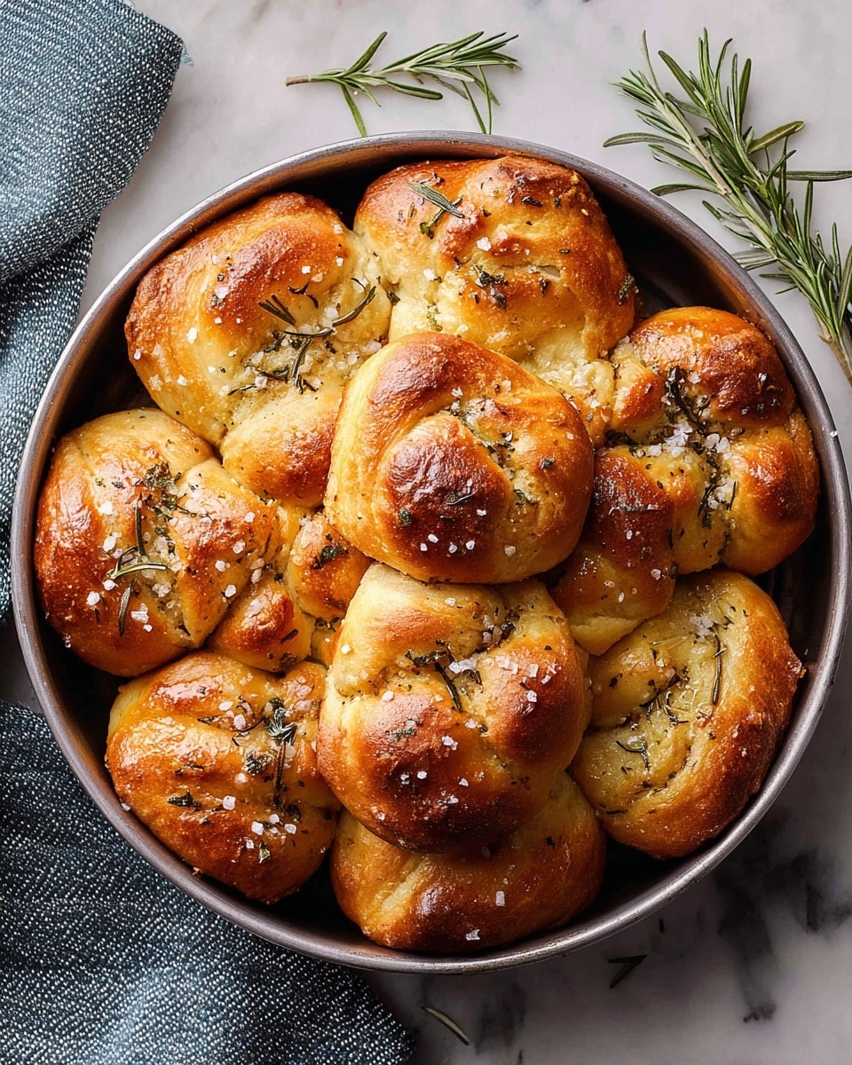 A round silver pan is filled with golden brown bread knots, each topped with coarse salt flakes and small green rosemary leaves scattered unevenly. The bread has a shiny, slightly uneven surface with some parts darker and crispier, showing a baked texture. The knots are tightly placed together, with the edges slightly puffed and soft-looking inside. A few sprigs of fresh rosemary lie next to the bread inside the pan. The pan sits on a white marbled surface with a gray textured cloth partially visible near the bottom left corner. Photo taken with an iphone --ar 4:5 --v 7