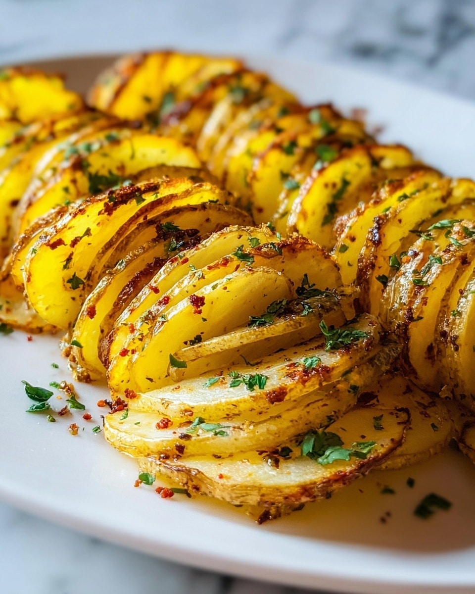 The image shows thin slices of potatoes arranged in a stacked, slightly fanned-out pattern, forming two rows on a white plate. Each slice is golden yellow with crispy brown edges showing a well-roasted texture. Small green herbs, likely parsley, are sprinkled over the potatoes, adding a fresh color contrast. The potato slices appear seasoned with small red and black specks, possibly paprika and pepper, giving the dish a flavorful and textured look. The background features a white marbled surface, adding to the clean and bright presentation. photo taken with an iphone --ar 4:5 --v 7