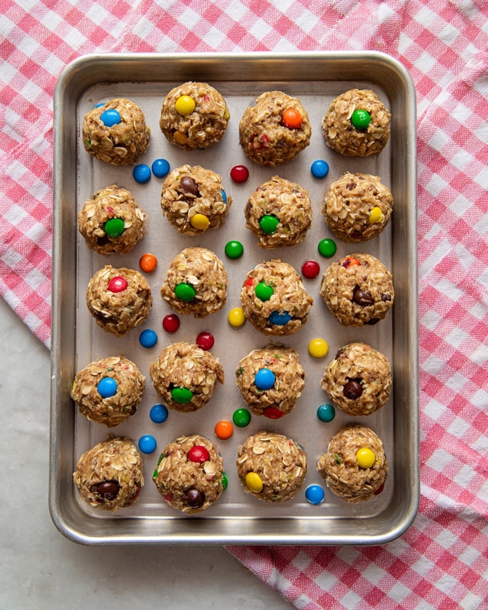 A metal baking tray filled with 25 round cookie dough balls arranged in a 5 by 5 grid, each dough ball light brown with a rough texture showing rolled oats mixed throughout, and colorful candy-coated chocolate pieces in blue, green, yellow, red, and orange scattered inside and on the surface; the tray rests on a table covered with a pink and white checkered cloth over a white marbled texture. photo taken with an iphone --ar 4:5 --v 7