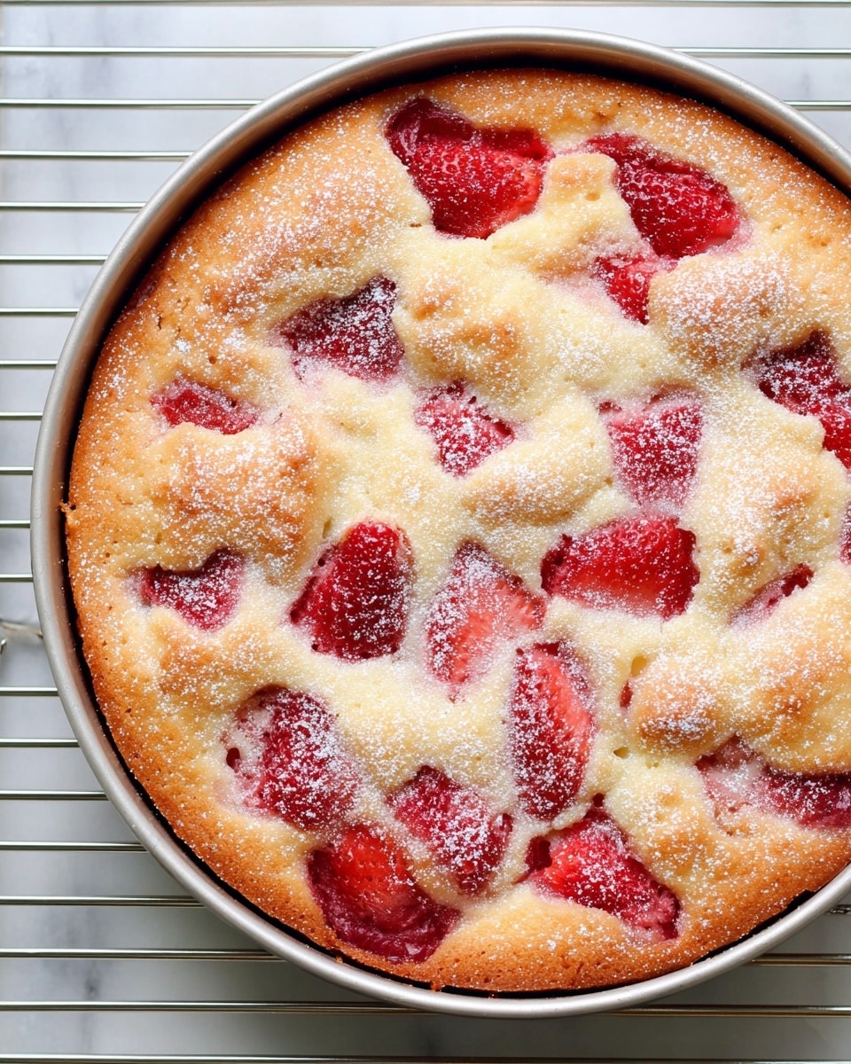 A close-up top view of a round strawberry cake in a silver pan, placed on a rack above a white marbled surface, showing a golden brown crust with a slightly cracked texture. The surface is studded with whole bright red strawberries partially sunken into the cake, some surrounded by melted, juicy red fruit filling. A light dusting of white granulated sugar is spread unevenly over the cake top, adding a fine sparkling texture. The cake appears soft and fluffy underneath the crust with slight browning on the edges. photo taken with an iphone --ar 4:5 --v 7