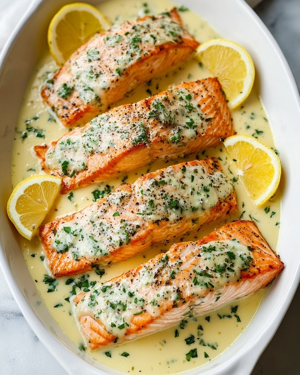 The image shows four cooked salmon fillets arranged in a white oval dish. Each fillet has a light orange-pink color with crisp edges, topped with a creamy white sauce speckled with chopped green herbs and black pepper. The fillets rest in a shallow pool of the same sauce, which looks smooth and slightly glossy. Around the salmon are three bright yellow lemon wedges placed near the top and right side of the dish. The dish sits on a white marbled texture surface. photo taken with an iphone --ar 4:5 --v 7