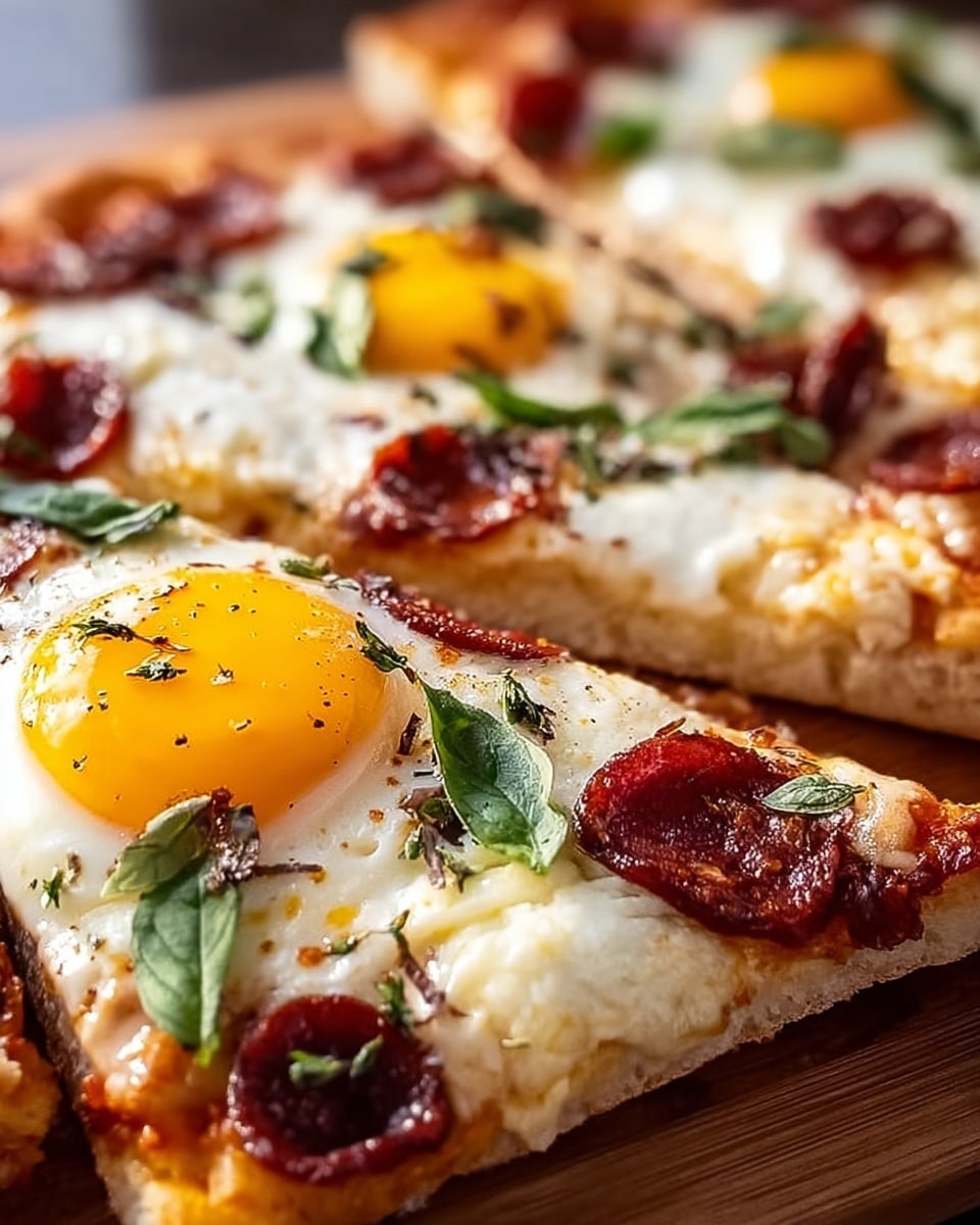 A close-up of a pizza cut into slices, each topped with a layer of melted white cheese spread evenly over a golden-brown crust, scattered small dark red pepperoni pieces, and a sunny-side-up egg with a bright yellow yolk and slightly cooked white on top, garnished with fresh green basil leaves and tiny dark herbs. The crust looks thick and soft with a slightly golden edge. Photo taken with an iphone --ar 4:5 --v 7