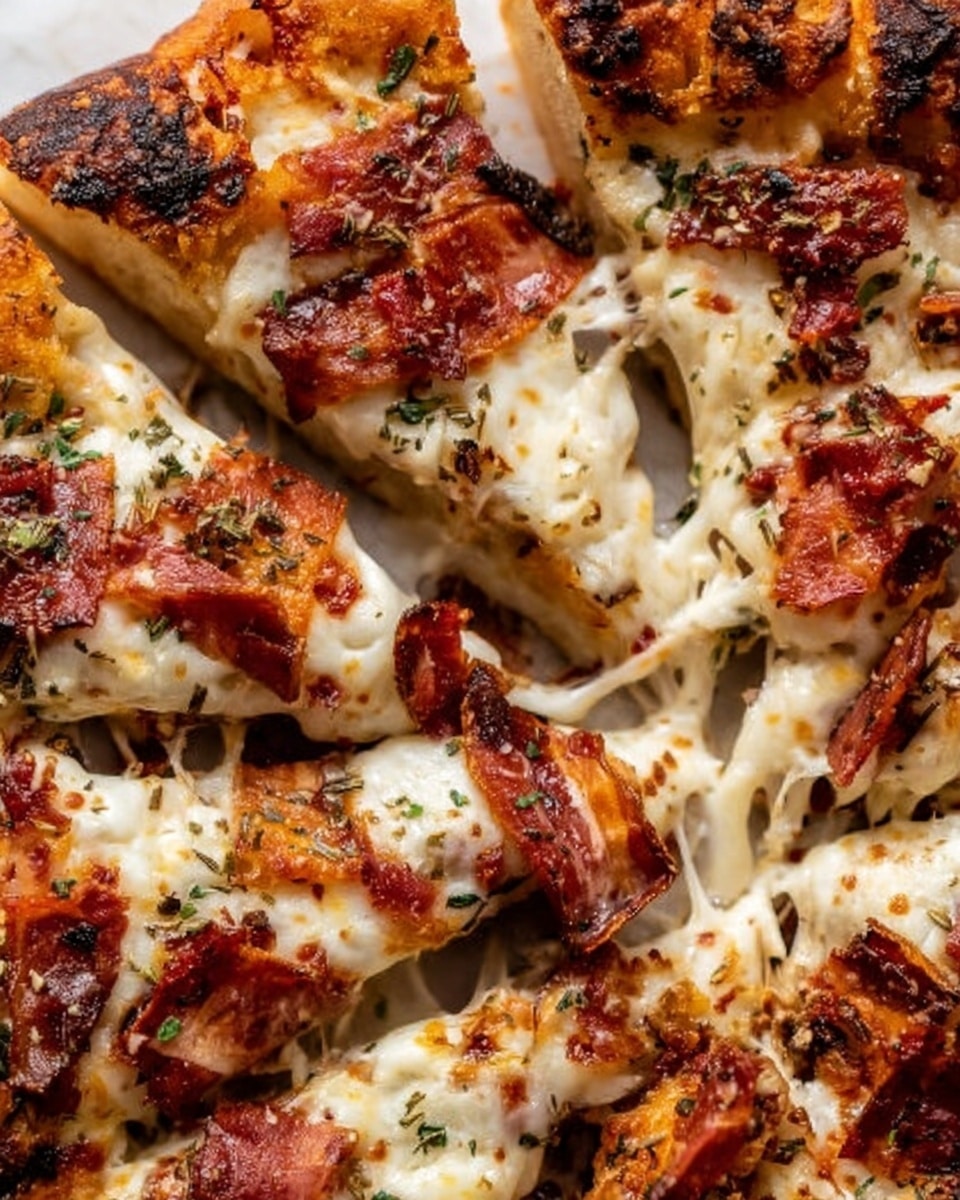 The image shows a close-up of several slices of pizza on a white marbled surface. The pizza has one thick crust layer that is golden-brown with some charred spots. The next layer is covered with melted white cheese that looks stretchy and soft, with some spots browned from baking. On top of the cheese, there are pieces of crispy reddish-brown cured meat, scattered unevenly across the slices. There are also bits of herbs sprinkled over everything, adding small green details. The pizza slices appear juicy and well-cooked, arranged closely together with a rustic look. Photo taken with an iphone --ar 4:5 --v 7