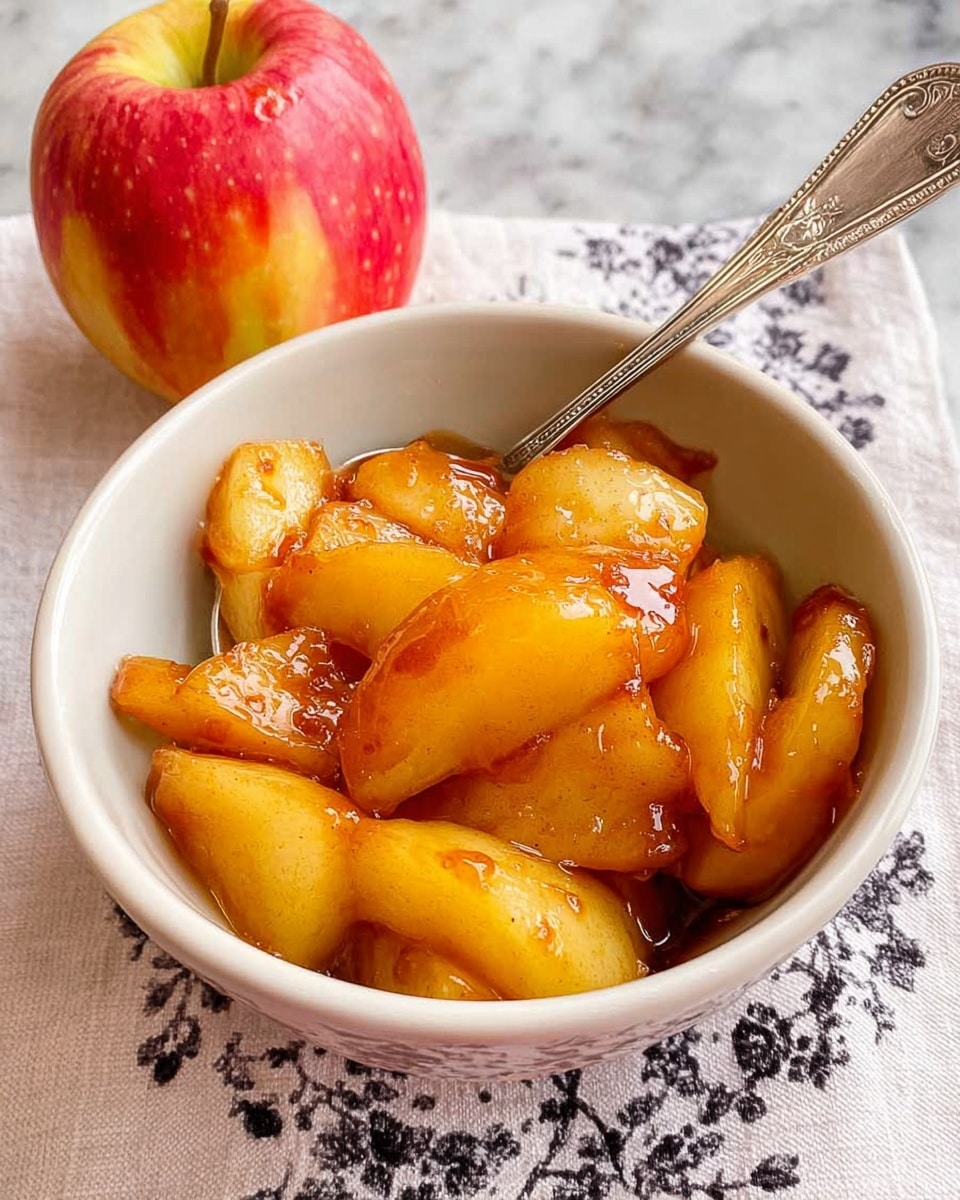 A white bowl filled with golden-brown cooked apple slices that appear soft and shiny with a caramelized glaze, with some pieces slightly browned at the edges, and a silver spoon resting inside the bowl with its handle pointing outward; behind the bowl is a fresh red and yellow apple sitting on a white marbled textured surface covered partially by a cloth with a black floral pattern. photo taken with an iphone --ar 4:5 --v 7